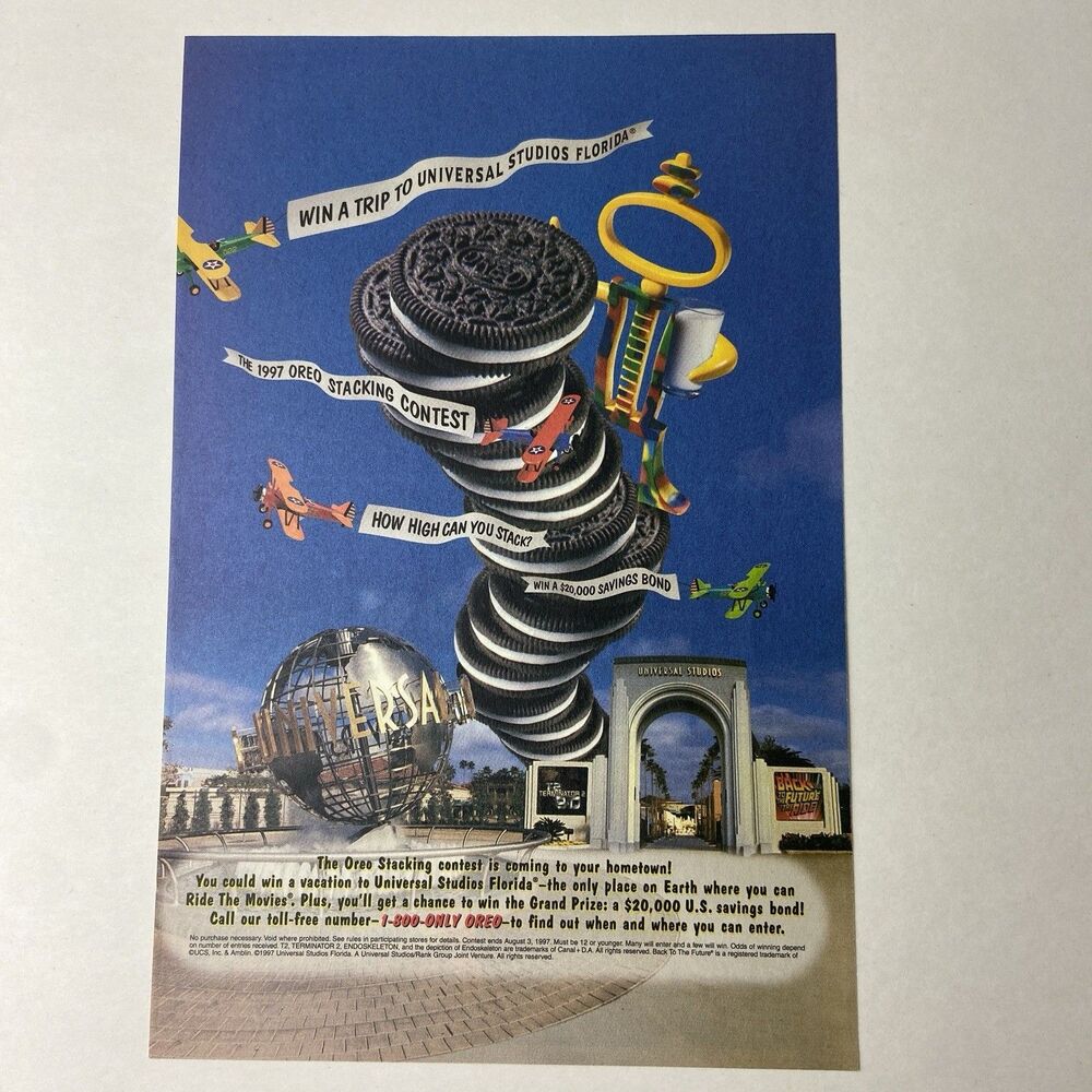 1997 Oreo Cookie Stacking Contest Print Ad Poster Universal Studios Wall Art